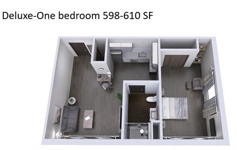 Floor plan for 1 bed, 1 bath, 610 sqft